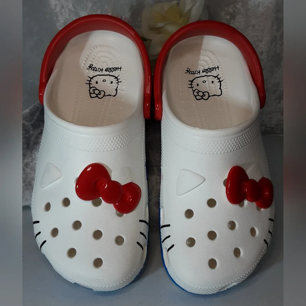 Crocs Hello Kitty New Without Tags Men 7 Women 9 White Red bue - Picture 1 of 14